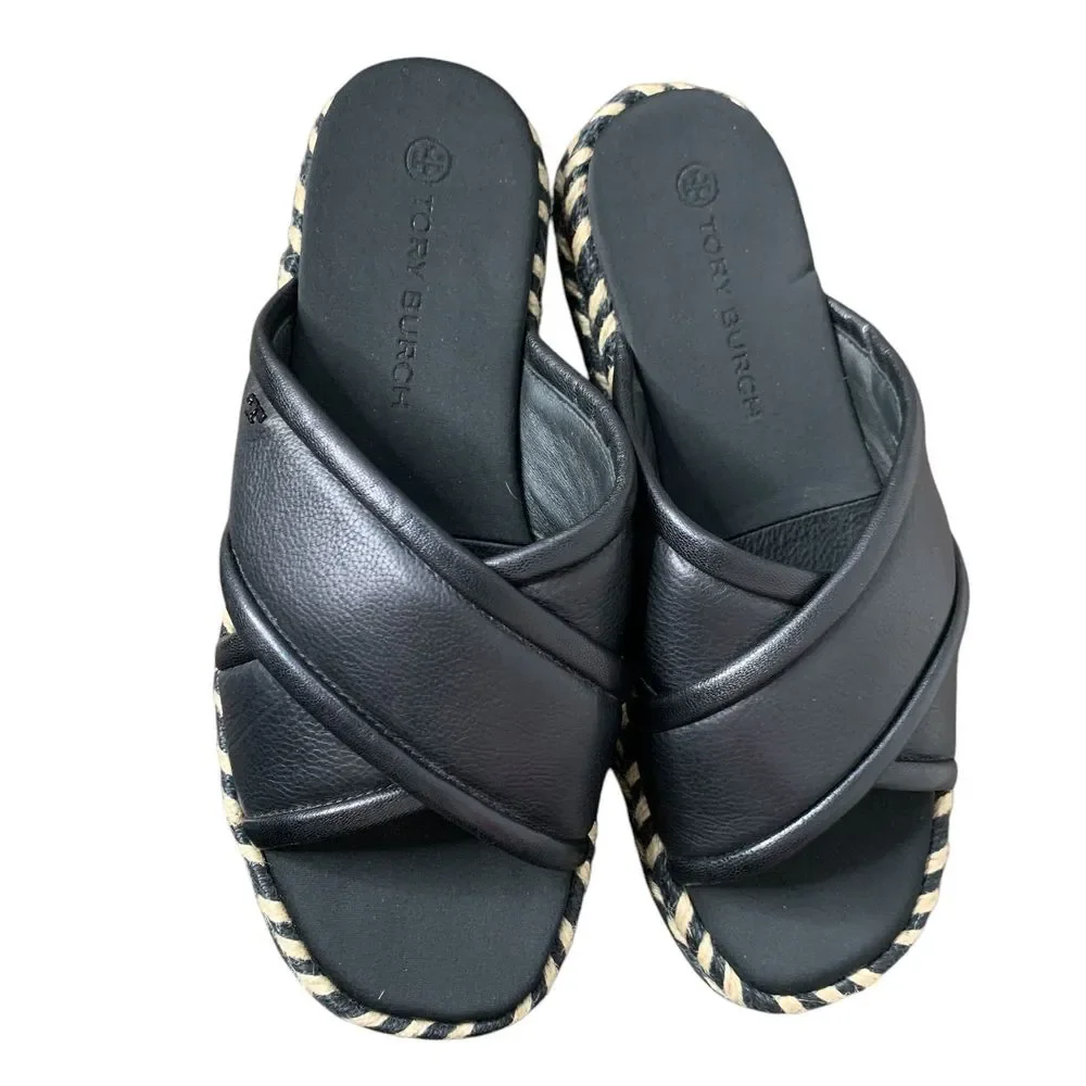 Tory Burch NWOT Cross Strap Puffy Slides Espadrille Platform Sandal Black Size 9